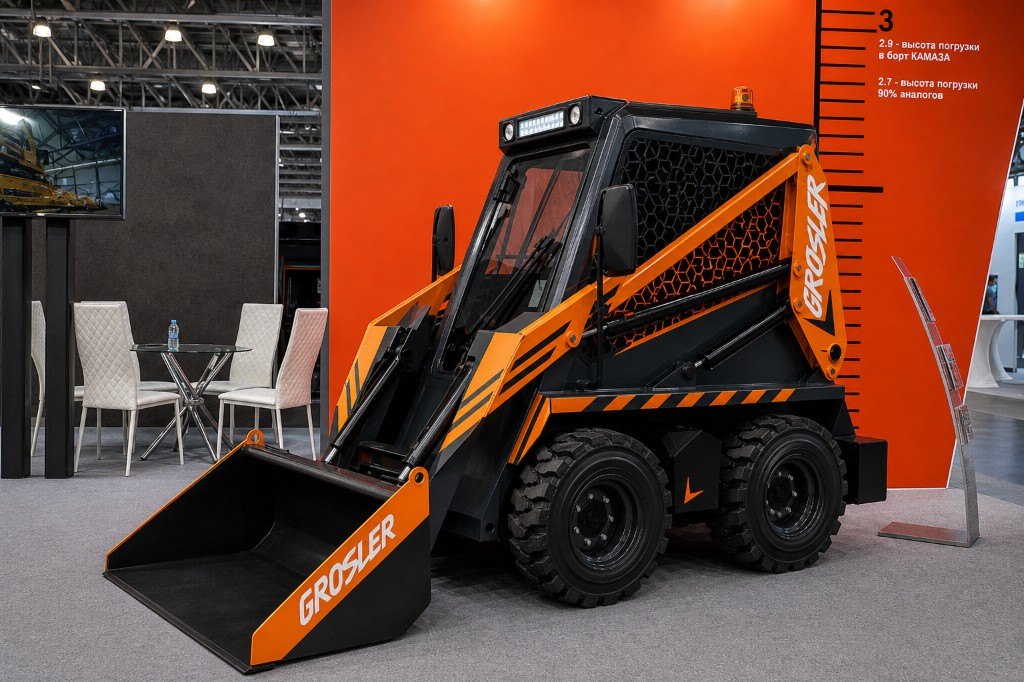 Погрузчик GROSLER GI 1300 на выставочном стенде, ковш на земле