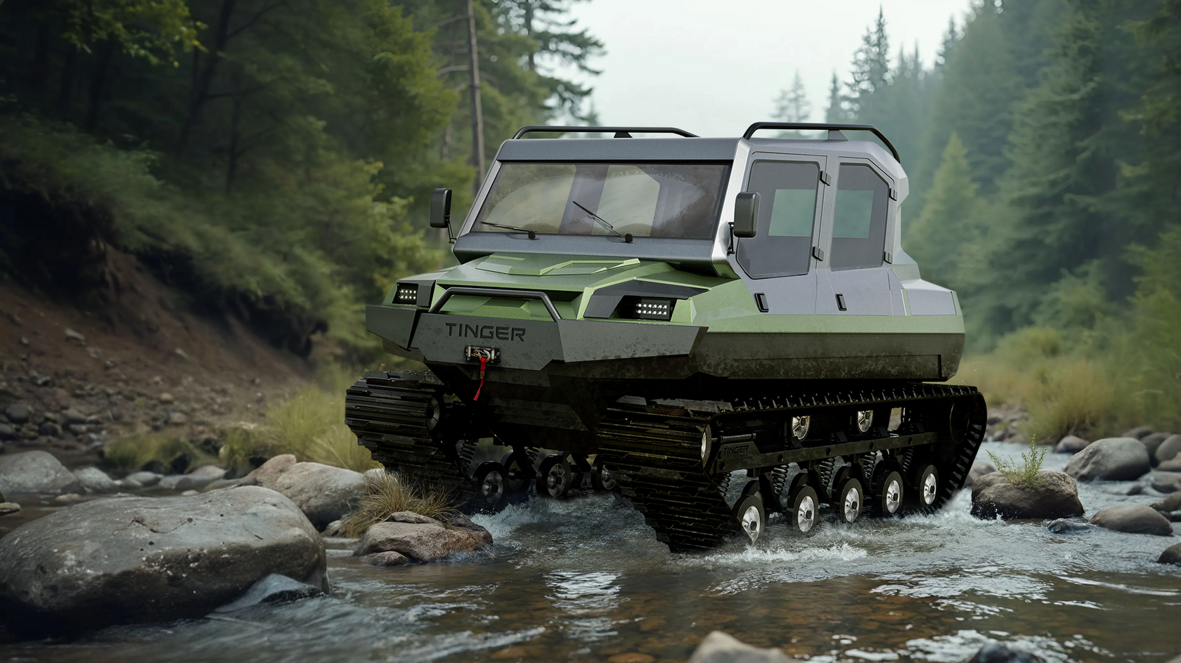 Болотоход Tinger TR5, съёмная крыша, вид в три четверти у ручья, рендер