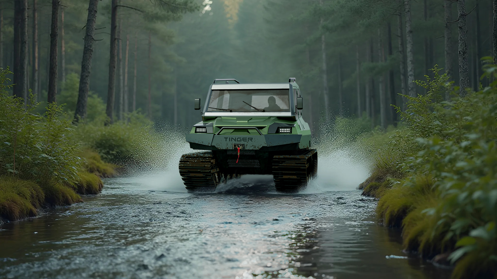 Болотоход Tinger TR5, съёмная крыша, фронтальный вид в лесу, рендер
