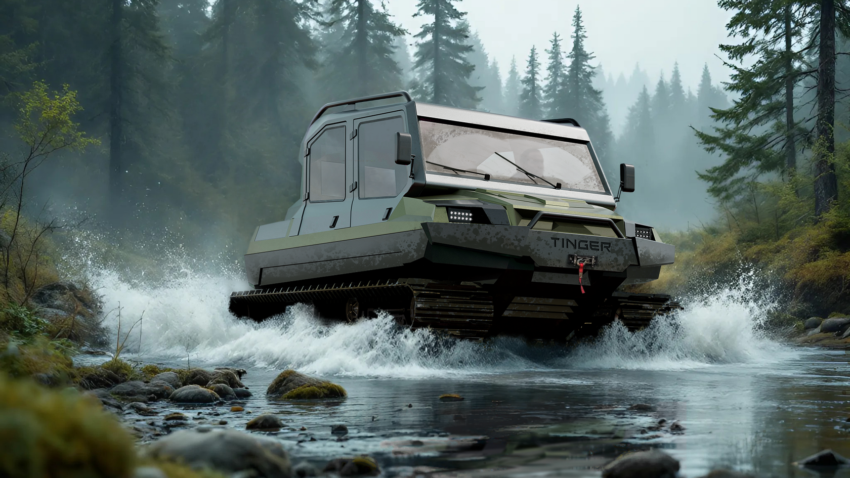 Болотоход Tinger TR5, съёмная крыша, форсирование брода, рендер