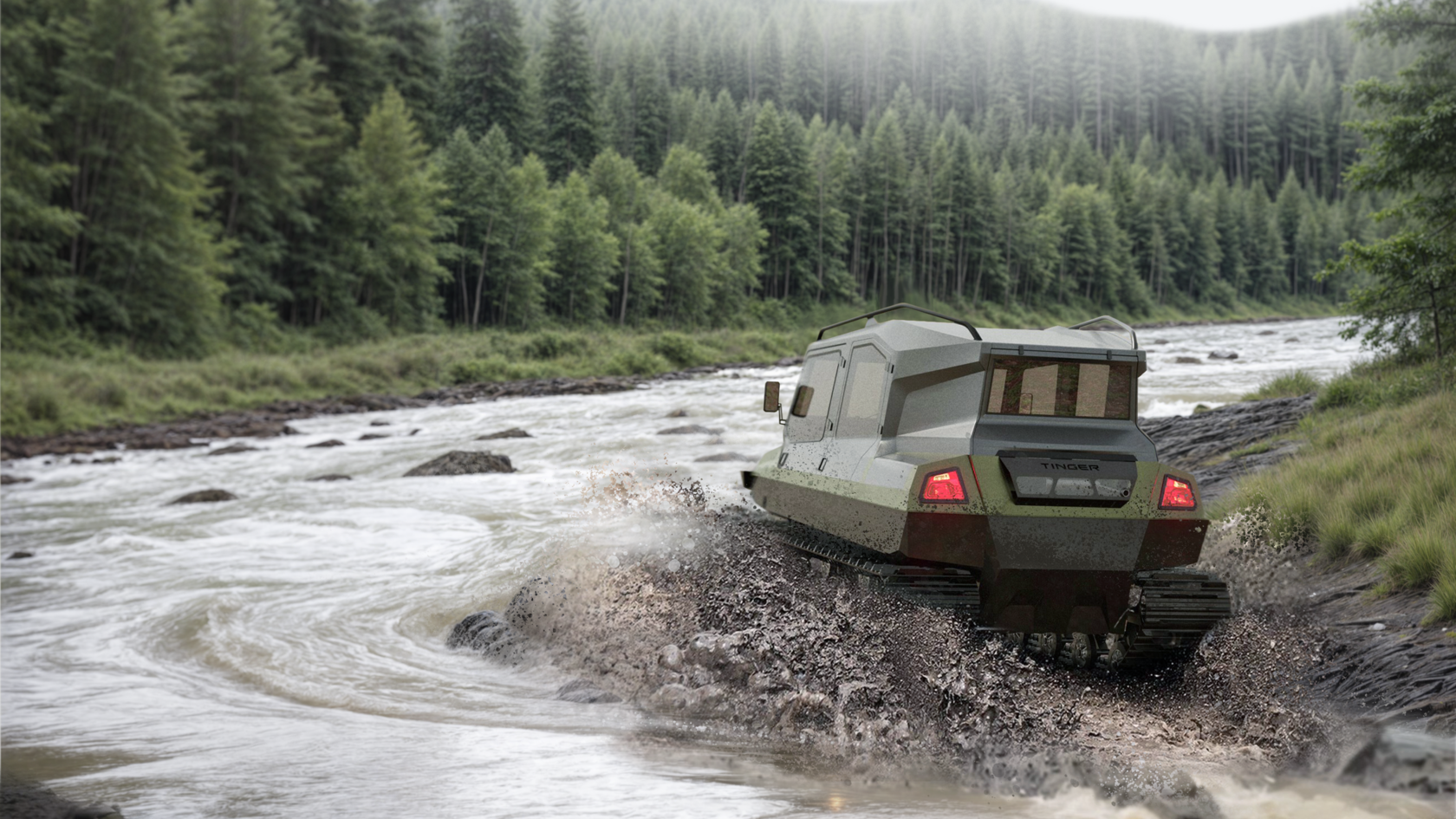 Болотоход Tinger TR5, съёмная крыша, вид сзади при переходе ручья